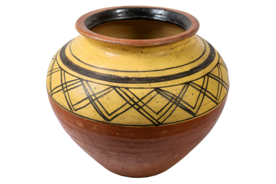 Traditional hand-painted terracotta clay pot featuring a vibrant yellow body with earthy brown accents and intricate black geometric patterns, showcasing ancient artisan craftsmanship