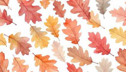Watercolor-style illustration of scattered oak leaves in autumn colors on a white background