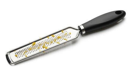 Stainless steel microplane grater with fresh lemon zest, isolated on a white background.