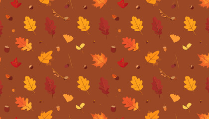 A repeating autumn pattern of colorful leaves, acorns, and small elements on a brown background