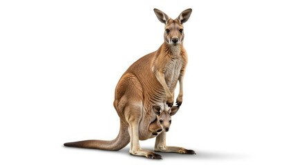A mother kangaroo with her joey in pouch, standing isolated on a white background, looking at cam...