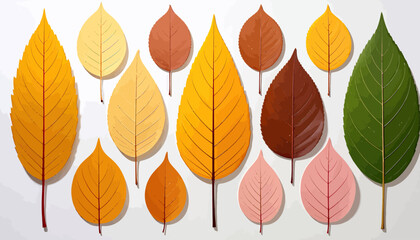 Obraz premium A collection of stylized leaves in various autumn colors against a white background