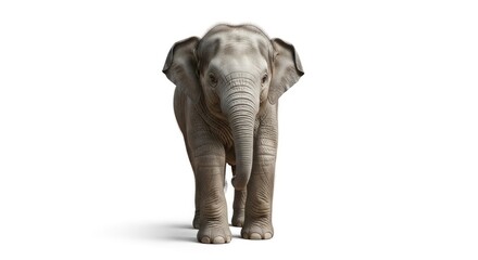 Adorable baby elephant standing front-on, isolated on a clean white background.