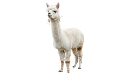 Obraz premium A charming white alpaca with soft, fluffy wool stands isolated on a clean white background.
