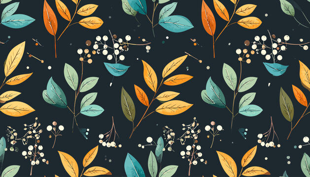 Watercolor floral pattern in autumnal colors, featuring leaves and berries on a dark background