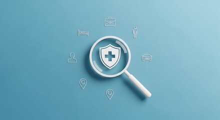 Fototapeta premium Magnifying glass over shield with medical cross and insurance icons