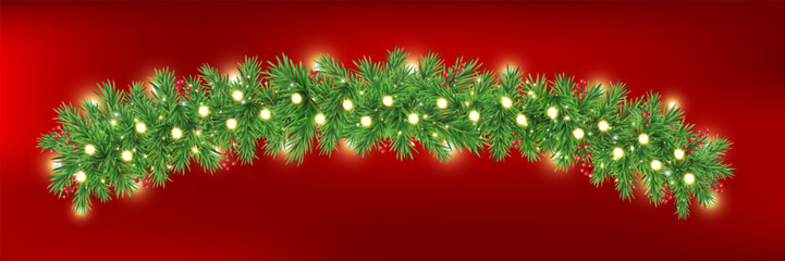 Green fir branches with glitter stars, golden light and berries border. Merry Christmas garland frame. New Year red card. Winter Holiday background. Xmas evergreen plant banner. Vector illustration