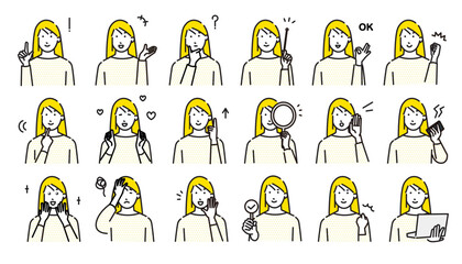 若い女性の表情ー表現アイコンセットーベクターイラスト素材