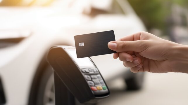 Hand Holding Credit Card Near Card Reader &ndash; Contactless Wireless Payment Process