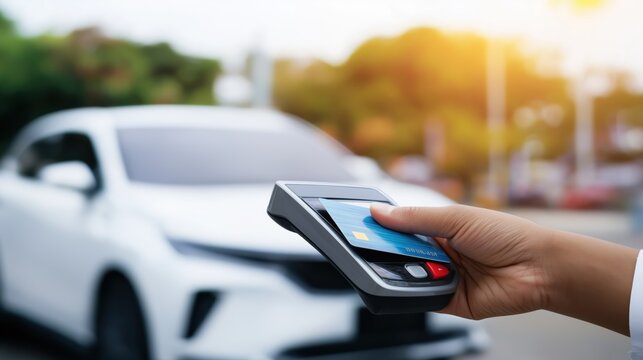 Hand Holding Credit Card Near Card Reader – Contactless Wireless Payment Process