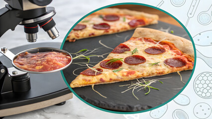 Microscope examining pepperoni pizza slice and food sample