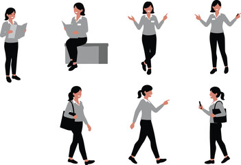 Woman silhouette, daily activity, reading pose, walking figure, pointing gesture, seated stance, black vector, casual routine, interaction scene, lifestyle icon