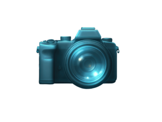 Modern Blue Camera Isolated on Transparent Backdrop: Sleek Design Photography Device for Capturing Images, Digital Single Lens Reflex with Reflector Lens