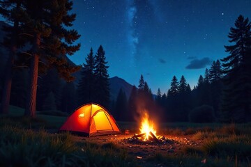 Tranquil Summer Campfire Under Starlit Sky Glowing Embers Illuminate Tent Amongst Majestic Trees