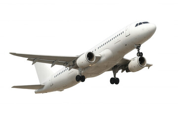 White passenger jet airplane ascending with landing gear down, preparing for flight or landing, transparent background