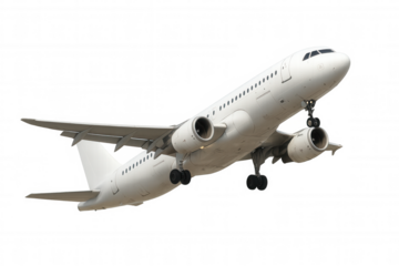 White passenger jet airplane ascending with landing gear down, preparing for flight or landing, transparent background