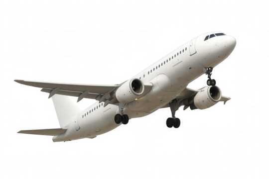 White passenger jet airplane ascending with landing gear down, preparing for flight or landing, transparent background