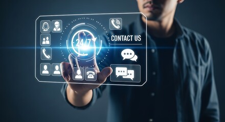 Man touching " Contact Us" and 24/7 support icons on screen