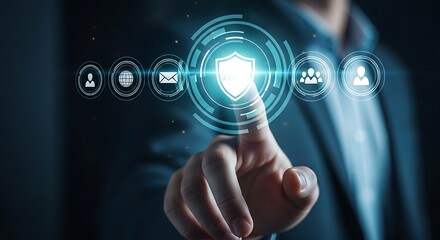 Finger touching digital shield icon with security interface