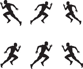 Collection of six dynamic running man silhouettes in action poses 