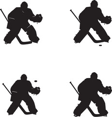 Set of distinct hockey goalie poses in a clean black silhouette style