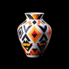 A 3D illustration of a decorative vase with geometric patterns, isolated on a black background,