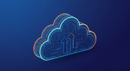 Abstract cloud computing graphic with upload and download arrows on blue