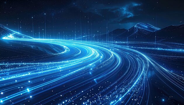 Digital abstract blue light trails moving through a futuristic landscape at night with glowing particles and distant mountains under a starry sky