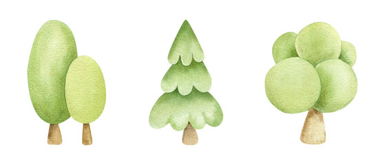 Set of cute little green trees. Collection Isolated hand drawn watercolor Illustrations in children style. Baby landscape clipart for poster, kids goods, textile, album, stationery, wrapping, apparel