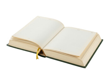 Isolated open notebook with blank pages and golden ribbon bookmark, for writing and sketching