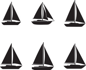 Collection of six black sailboat silhouettes with textured water detail 
