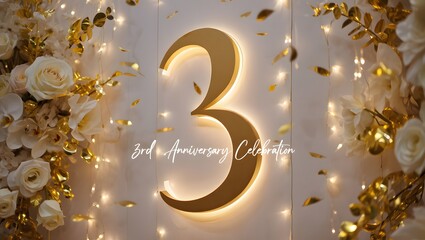Celebrating the 3rd anniversary with golden number and floral decorations, creating a festive and elegant atmosphere for this special milestone occasion