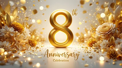 Celebrating the 8th anniversary with golden decorations and confetti, creating a festive and joyful atmosphere for this special milestone occasion