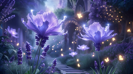 dreamlike enchanted forest, glowing under a moonlit sky. Lavender flowers and glowing blossoms, Enchanted Lavender Path Generative Ai