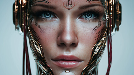 Closeup of a futuristic female cyborg with intricate circuitry and piercing blue eyes, embodying advanced technology