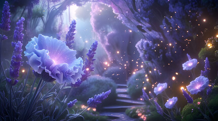 dreamlike enchanted forest, glowing under a moonlit sky. Lavender flowers and glowing blossoms, Enchanted Lavender Path Generative Ai