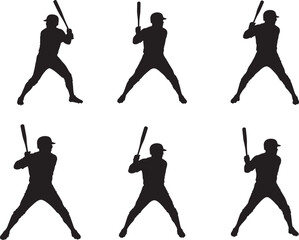 Six dynamic baseball player silhouettes in various batting poses