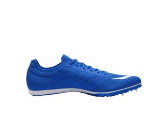 Isolated blue track and field athletic shoe for racing on track in neutral position seen from side