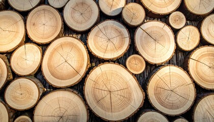 Abstract pattern of diverse natural wood log cross-sections revealing intricate growth rings and beautiful organic textures