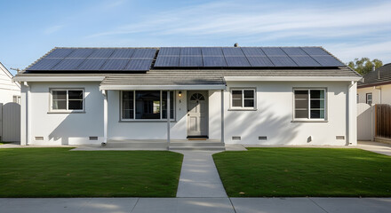 Fototapeta premium Modern home with solar panels, eco-friendly design, and sustainable living, showcasing green energy and residential architecture under a bright blue sky
