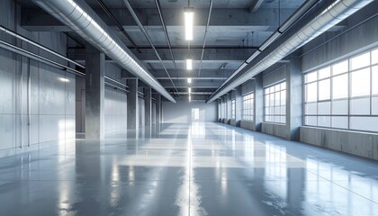 Fototapeta premium Spacious Industrial Warehouse Interior with Polished Concrete Floor and Natural Light