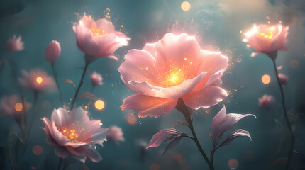 soft pink flowers glowing with a warm, magical radiance Blossoms of Light Generative Ai