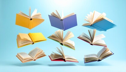Dynamic assortment of open books floating gracefully against a vibrant blue backdrop in studio light
