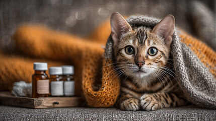 a small cat is sitting on the sofa, wrapped in a blanket and surrounded by medicine bottles and droplets on the table with cold chain elements. - concept of animal healthcare. 