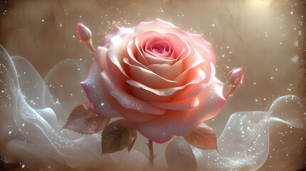 delicate pink rose glowing with an ethereal aura Stardust Rose, Generative Ai