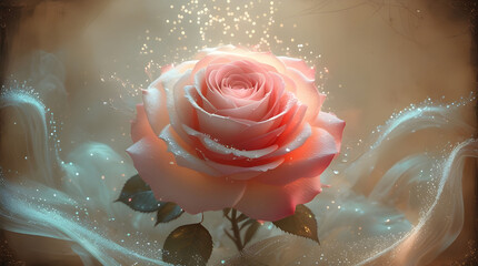 delicate pink rose glowing with an ethereal aura Stardust Rose, Generative Ai