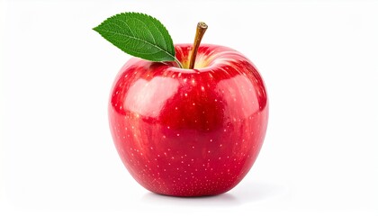 A single, vibrant red apple with a fresh green leaf, captured in sharp detail against a clean white background
