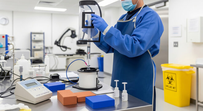 Technician preparing radioactive tracer for nuclear medicine scan