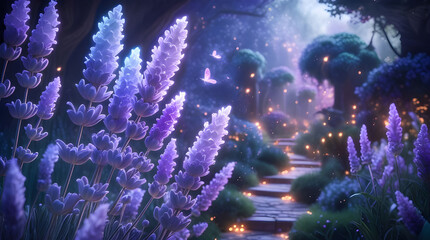 dreamlike enchanted forest, glowing under a moonlit sky. Lavender flowers and glowing blossoms, Enchanted Lavender Path Generative Ai