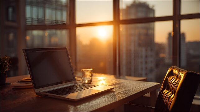 Laptop sits on wooden desk with glass of water, bathed in golden sunlight from cityscape office view. - Powered by Adobe